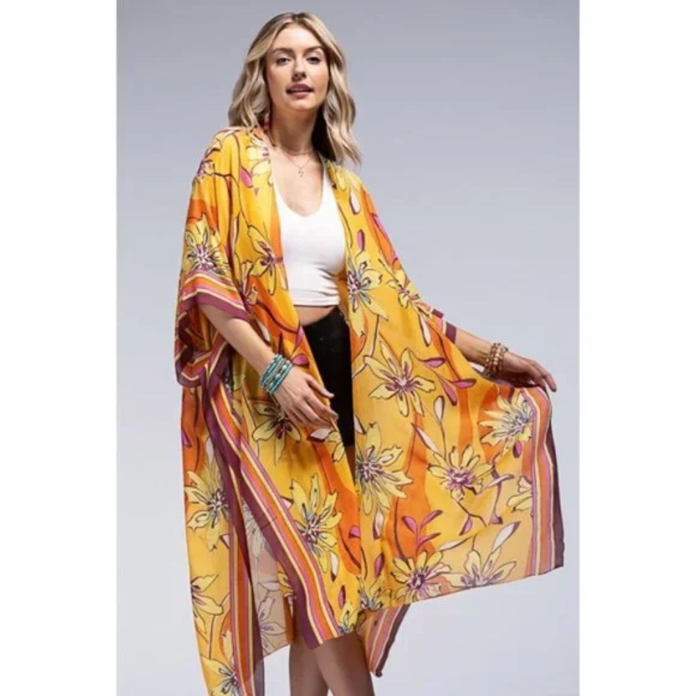 Sunrise Vibrant Floral Print & Stripe Border Open Kimono Wrap Coverup Top